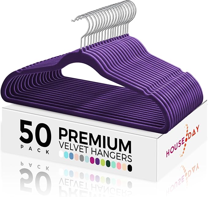 HOUSE DAY Premium Velvet Hangers 50 Pack, Non-Slip Flocked Felt Hangers, Sturdy Clothes Hanger with 360° Rotatable Hook, Heavy Duty Durable Slim Coat Hanger for Closet Space Saving (Noble-Purple)
