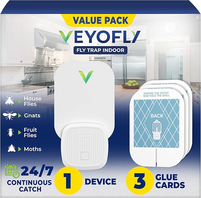 VEYOFLY Fly Trap Indoor, Fruit Fly Traps for Indoors, (1 Device + 3 Refills) Gnat Traps for House Indoor, Fly Catcher Indoor, Plug in Light Flying Insect Trap, Bug Light Killer, Fly Trap