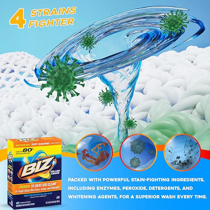 Biz Laundry Detergent Powder, Stain and Odor Eliminator for Tough Stains Like Grass Sweat and Chocolate, Powder Laundry Detergent with 4 Stain Fighters, Color Safe, Unscented, 2 Pack, 75 Oz Total