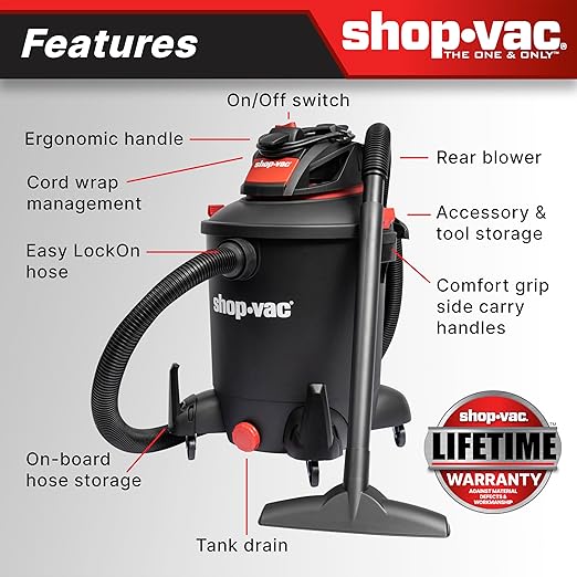 Shop-Vac 5761011 10 Gallon Wet/Dry Shop Vacuum, 4.5 Peak HP, 1.5 Inch Diameter x 7 Foot Hose, 12 Foot Cord, Ideal for Home, Garage, and Workshop Cleaning