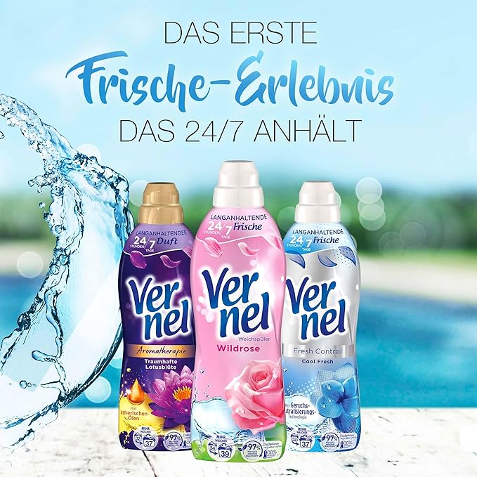 VERNEL Wildrose Fabric Softener, 4 x 39 WL (156 Washes), Washing Fragrance for 24 Hours and 7 Days Long-lasting Freshness with Unique Fragrance Technology, Recyclable Bottle