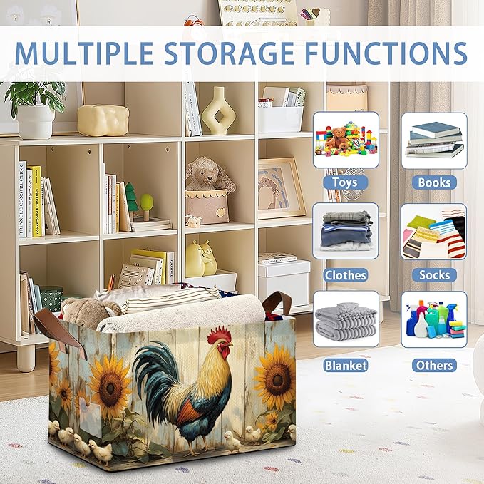 Retro Rooster Storage Basket with Handles,Chicken Sunflower Collapsible Rectangle Organizer Bin for Room Decoration Books Box Baskets 17x11.5x10Inch