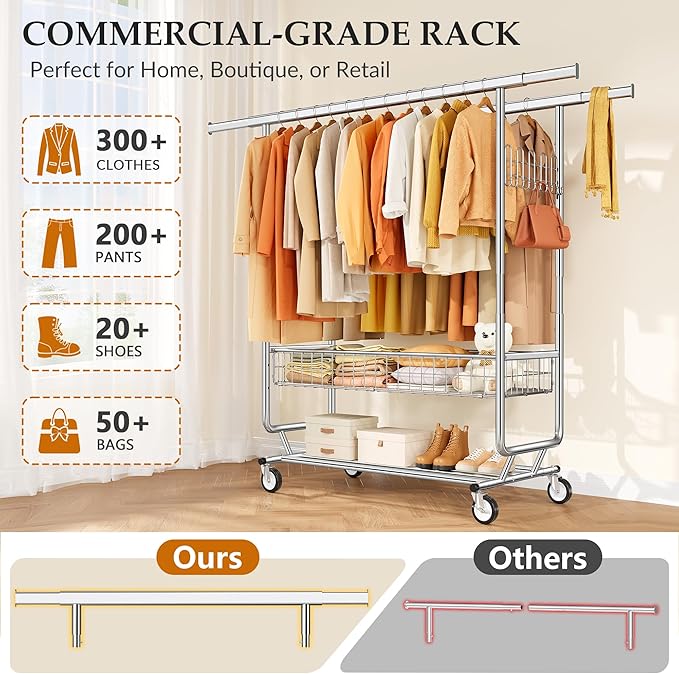 Gewudraw Heavy Duty Clothes Rack with Metal Basket, 1060 LBS Rolling Double Rod Garment Rack, Portable Extendable Clothing Rack with Wheel for Bedroom, Laundry Room & Retail Store