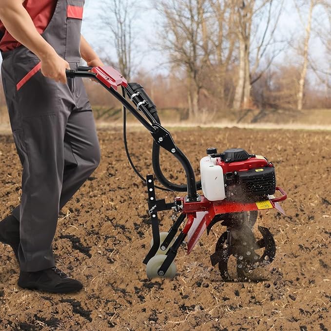 Garden Tiller Cultivator, 4-Stroke 63CC Gas Powered Tiller Cultivator Garden Yard Rototiller Tilling Tool Gas Tiller- Ideal with Long Handle for Plowing Turning Soil Ditching