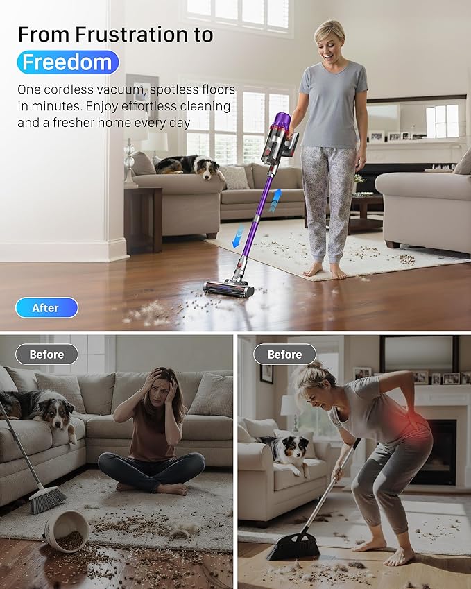 iXlion Cordless Vacuum Cleaner for Home - Powerful Stick Vacuum with HEPA Filter, 55-Min Runtime, LED Light, Anti-Tangle Brush, Detachable Battery,Lightweight Vacuum for Pet Hair,Carpets & Hard Floors