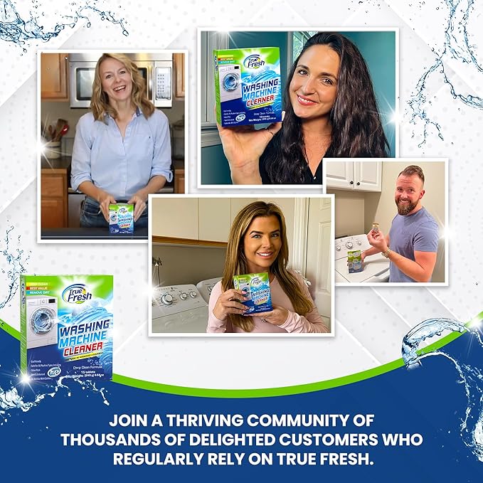 True Fresh Washing Machine Cleaner Descaler 15 Pack Tablets, Deep Cleaning Deodorizer for HE Front & Top Load Washers, Eliminates Odor Buildup Residue Grime, Cleans Drum Pump Valve Hoses Septic Safe