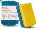 3-in-1 Silicone Scrubber Sponge with Squeegee – Non-Scratch Kitchen Sponge for Dishes, Sink & Bathroom, Quick-Dry, Reusable Cleaning Tool (Teal +Yellow)