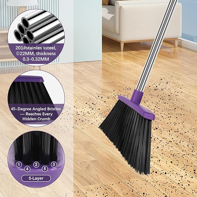 Heavy Duty Angle Broom, 55-Inch Long Handle Extra Wide 12.6 Inch Head, Stainless Steel Tube & PP Bristles for Pet Hair and Dust, Floor Safe - Purple