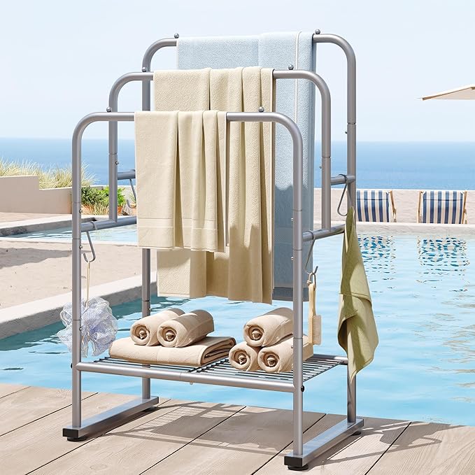 ELYKEN 40'' Tall Standing Towel Racks, 3 Tier Towel Drying Rack Outdoor, Pool Towel Stand Blanket Holder with Shelf & 4 Removable Hooks, Metal Freestanding Towel Racks for Bathroom, Smooth Silver
