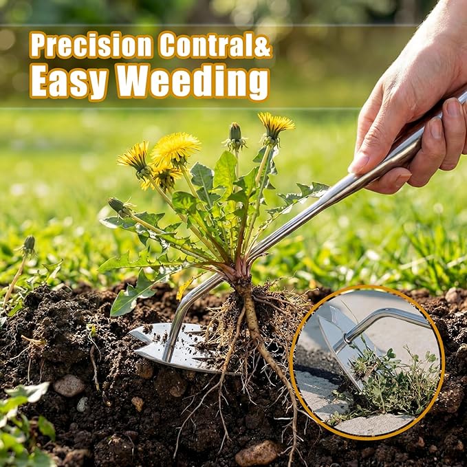 3 Pack Heavy Duty Stainless Steel Weed Puller Tools 4 Tooth V Head Manual Hand Weeder for Dandelions, Thistles Deep Roots, Manual Garden Weed Removal Tools for Lawn, Yard and Flower Beds