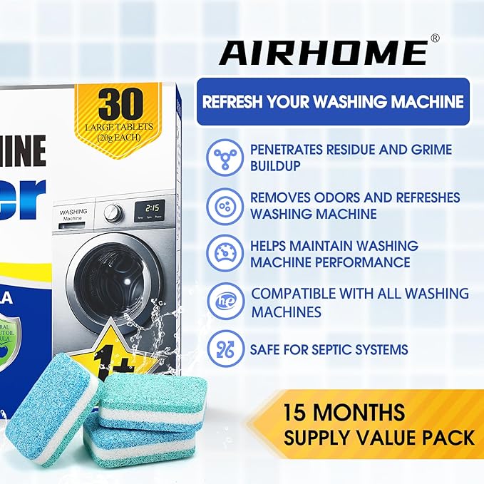 Washing Machine Cleaner Tablets - Deep-Cleaning Descaler for Front Load and Top Load Washers, Including HE, 30 Pack (15 Month Supply)