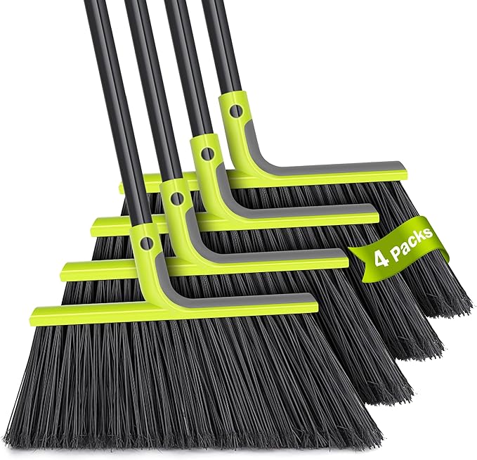 4 Packs Outdoor Broom Heavy Duty, 56 inches Tall Commercial Soft Bristle Angle Brush for Sweeping Outside Patio Garden Porch Deck Shop Restaurant Garage House Lobby Hardwood Floors (Green)