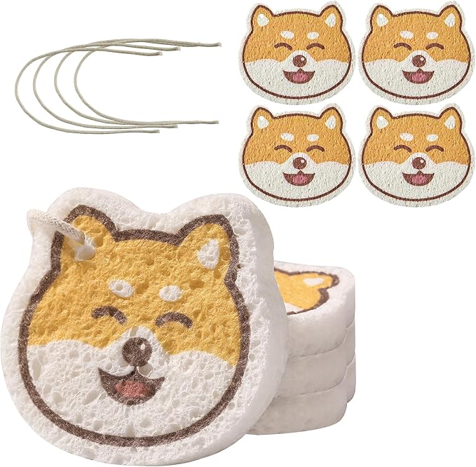 JOYMOOP Cartoon Kitchen Sponge, Cellulose Sponges for Cleaning, 4 Pack Non-Scratch Sponges for Washing Dishes, Reusable Sponge for Kitchen, Bathroom and Office - Doggy Pattern