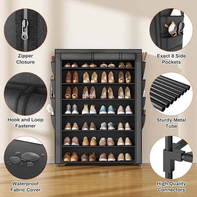 VTRIN Shoe Rack with Cover, 7 Tier Shoe Organizer Storage for 35-40 Pairs Shoes and Boots Large Capacity Tall Shoe Shelf with 8 Pockets Free Standing Shoe Rack for Closet, Entryway, Garage