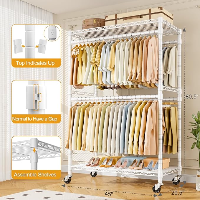 ULIFHOME P4 Plus Rolling Clothes Rack Heavy Duty, Clothing Racks for Hanging Clothes, Free Standing Garment Racks with Wheels, Portable Closet Rack 45''W × 20.5''D × 80.5''H, Max Load 570 Lbs, White