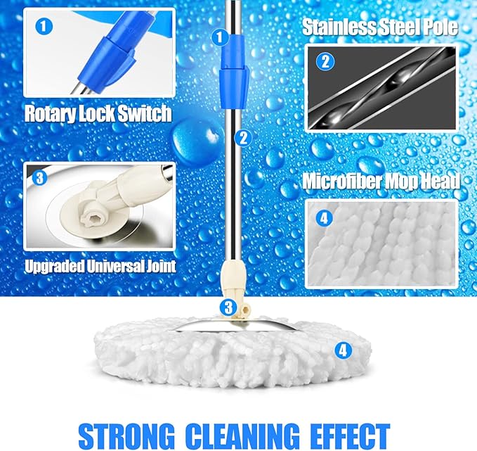 Spin Mop and Bucket System | 360 Spin Mop and Bucket with Wringer Set | Mops for Floor Cleaning | 3 Microfiber Mop Replacement Head Refills | 61" Extended Handle | Wet and Dry Use Floor Mop