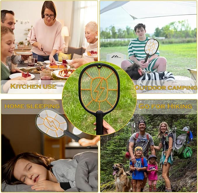 2 Pack Electric Fly Swatter 3000V Battery Powered Handheld Bug Zapper Racket 3-Layer Protection Grid Mosquito Zapper for Home Bedroom Kitchen Office Backyard Patio Indoor Outdoor