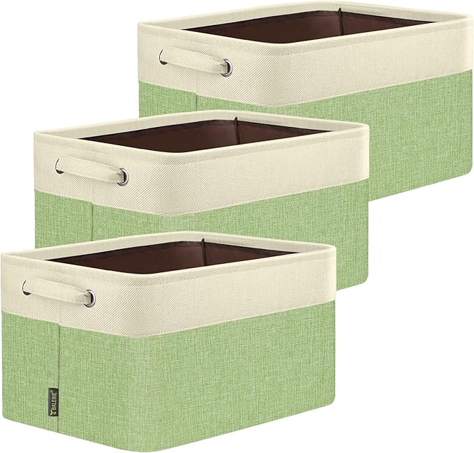 BALEINE 3 Pack Fabric Storage Bins for Shelves, Linen Storage Baskets for Organizing, Decorative Closet Bins for Clothes, Home (Green, 12"x8"x8")