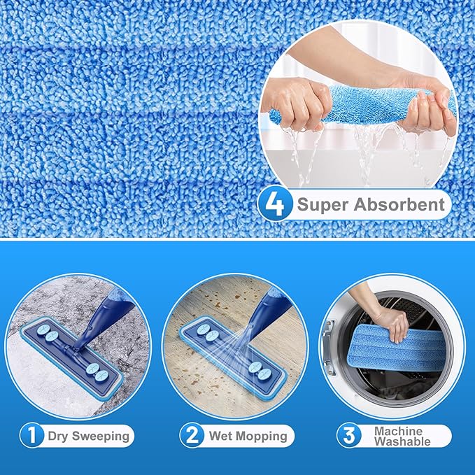 Microfiber Hardwood Floor Mop - Wet Dry Spray Mop with 4 Washable Pads for Tile Wood Laminate Vinyl Marble Home Kitchen - 500+ ML Refillable Bottle Dark Blue