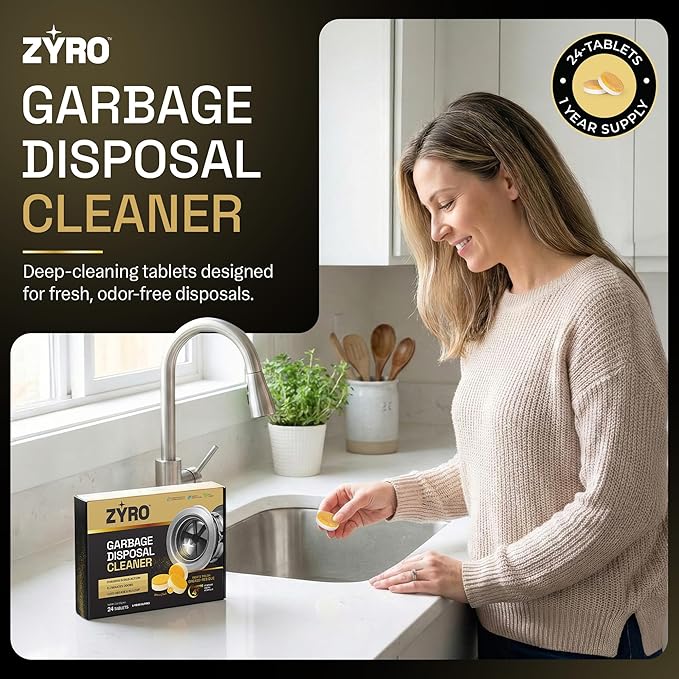 Garbage Disposal Cleaner and Deodorizer | 24 Pack | Kitchen Sink Cleaner Tablets | Eliminates Odor | Fights Grease & Buildup | Foaming Scrub Action | Citrus Fresh | 1 Year Supply | Zyro
