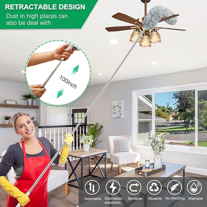 100-inch Extra-Long Dusters, Cleaner Tools with Extension Pole and Bendable and Washable Microfiber Head, Feather Duster for High Ceilings,Ceiling Fan,Furniture