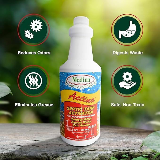 Medina Actina Toilet Clog Remover - Natural Sink Drain Cleaner Liquid for Effective Waste Digestion and Odor Control - Reduced Maintenance in Shower Drain Clog Remover (32 OZ)