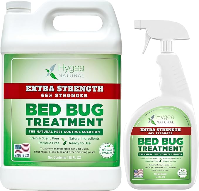 Hygea Natural Extra Strength Bed Bug & Lice Elimination Duo - Extra Strength 24 oz Lice, Bed Bug & Mite Spray & 128 oz Spray Refill - Child & Pet Friendly - Stain & Odor Free - 66% Stronger Formula