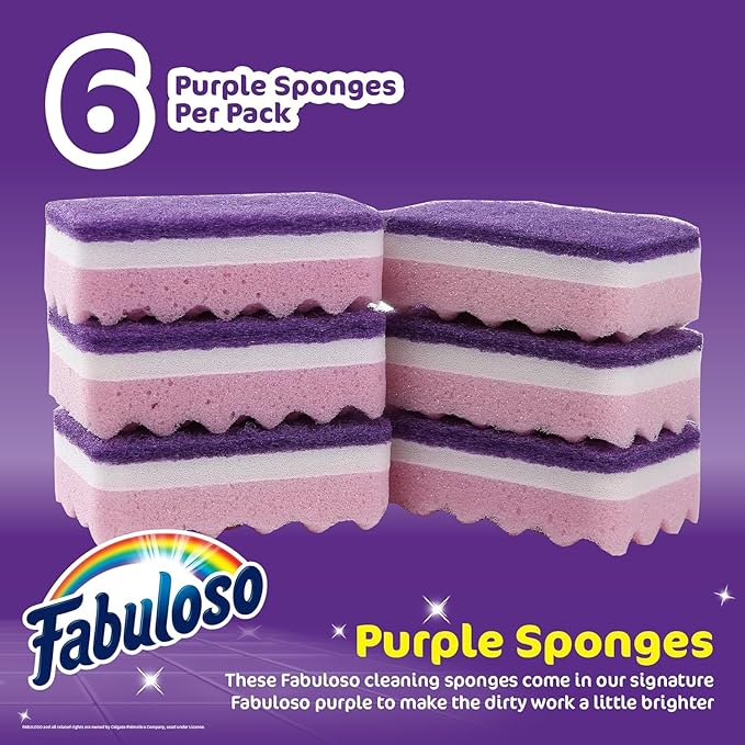 Fabuloso Scratch-Free Kitchen Dish Sponges, Purple Cellulose Scrubber Sponge with Scouring Pad for Dishes, Pots, Pans, Counters and Sinks, Tough on Messes, 4.25 x 2.75 x 1.25 in, 6 Count - 2 Pack