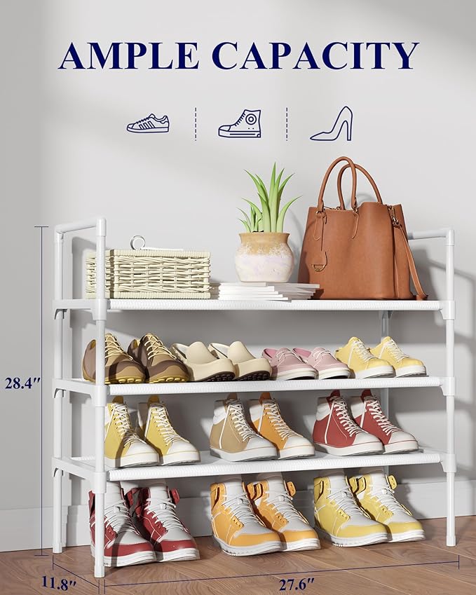 Kitsure Shoe Rack - 3-Tier Shoe Organizer, Shoe Rack for Closet, Entryway, Bedroom, Easy- Assembly Storage Shelf with Side Handles, 27.6" Wide - 3 Tiers, White