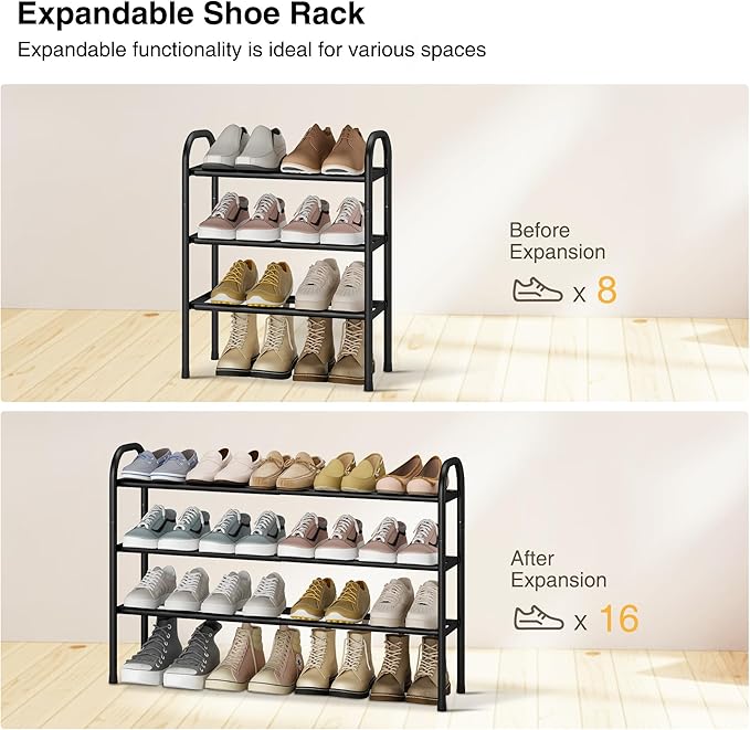 STO STO Expandable Shoe Rack, 3-Tier Metal Small Shoe Rack for Closet, Up to 16 Pairs Adjustable Shoes Racks Storage for Front Door Entrance, Free Standing Shoes Rack Organizer for Entryway, Black