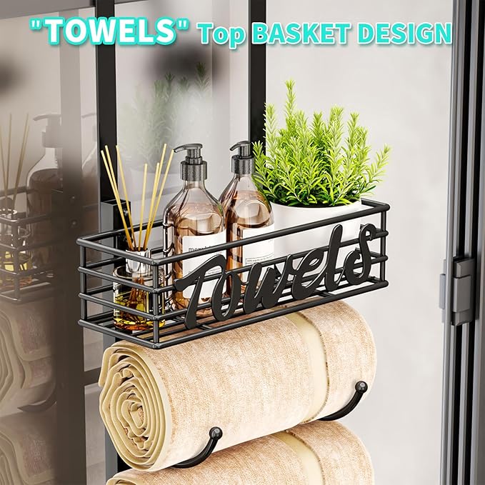 HapiRm Towel Racks for Bathroom Storage - 9 Tier Over The Door & Wall Mount Rolled Towel Storage Organizer Holder with Metal Shelf Basket for Small Bathroom, Camper, Rv - Black, Patented