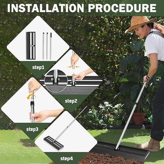 Lawn Leveling Rake 30x10 inch, Lawn Leveler Tool with Stainless Steel, 80" Extended Handle, Heavy-Duty for Garden, Golf Course, and Farm