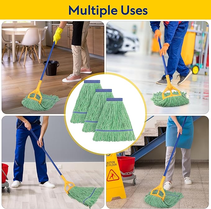 Matthew Cleaning Heavy Duty Mop Head Commercial Replacement for General and Floor Cleaning , Wet Industrial Blue Cotton Looped End String Head Refill (Pack of 3) Green