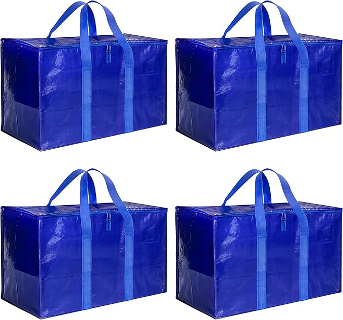 Simple Deluxe 4 Pack Moving Bags, Heavy Duty Storage Totes with Lids, Sturdy Handles& Zipper, Moving Boxes Alternative, Extra Large, for Clothes Packing, Moving Supplies, Blue