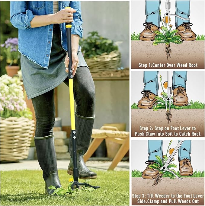 Jardineer Weed Puller Tool, 45" Stand Up Weed Remover Tool with Reinforced All-Steel Handle & 4-Claw Steel Head, Heavy Duty Manual Weeder for Garden Lawn Yard, Easily Remove Weeds Without Bending