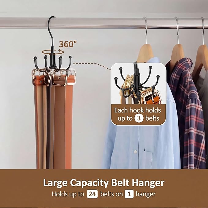 ZEDODIER 4 Pack Belt Organizer for Closet, Heavy-Duty Rotating Belt Hanger Rack Holds Multiple Belts, Hanging Space Saving Metal Belt Holder for Closet Storage, Black