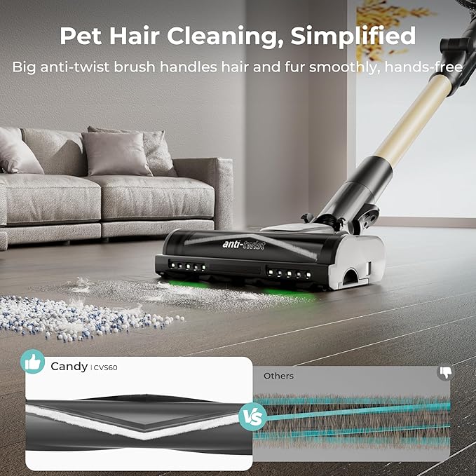 Candy Cordless Stick Vacuum Cleaner, 320AW Powerful Suction, 100min Runtime, Flexi-Fold Tube, SmartSense Tech, LED Headlights, Pet Hair Pickup, Pet & Crevice Tools, for Hard Floor & Carpet, CVS60