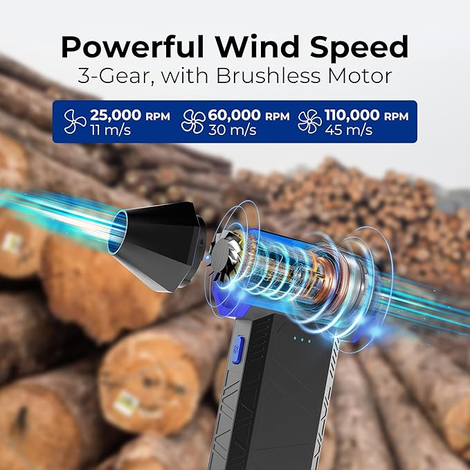 Rosewill Electric Air Duster - 110,000 RPM Super Power Cordless Compressed Air Duster, 3-Gear Adjustable Mini Blower with Fast Charging, Dust Blower for Computer, Keyboard, Pet, House, Outdoor and Car