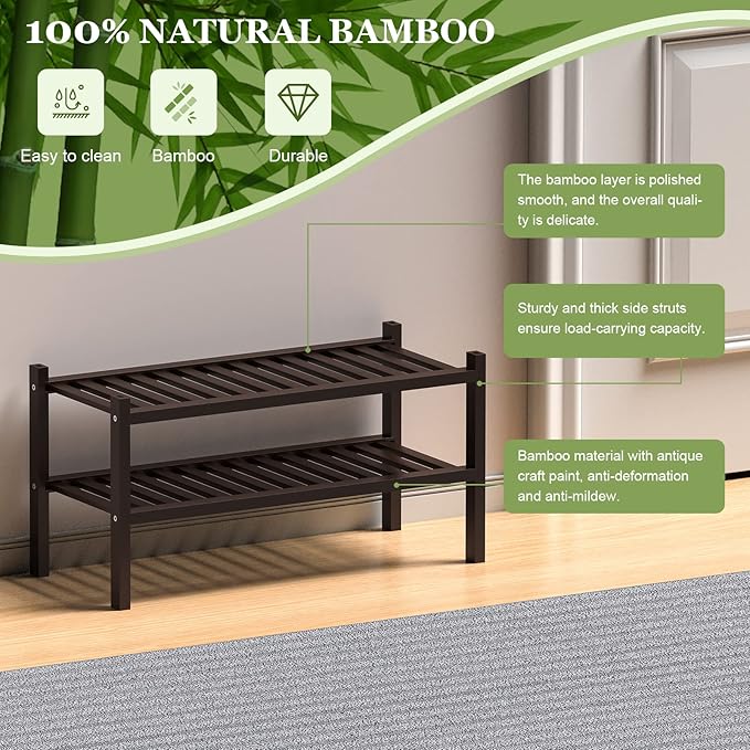 ROMGUAR CRAFT 2 Tier (Thick) Bamboo Shoe Rack for Closet Free Standing Wood Shoe Shelf for Entryway Small Space Stackable 27"x12"x14" (Black Brown)