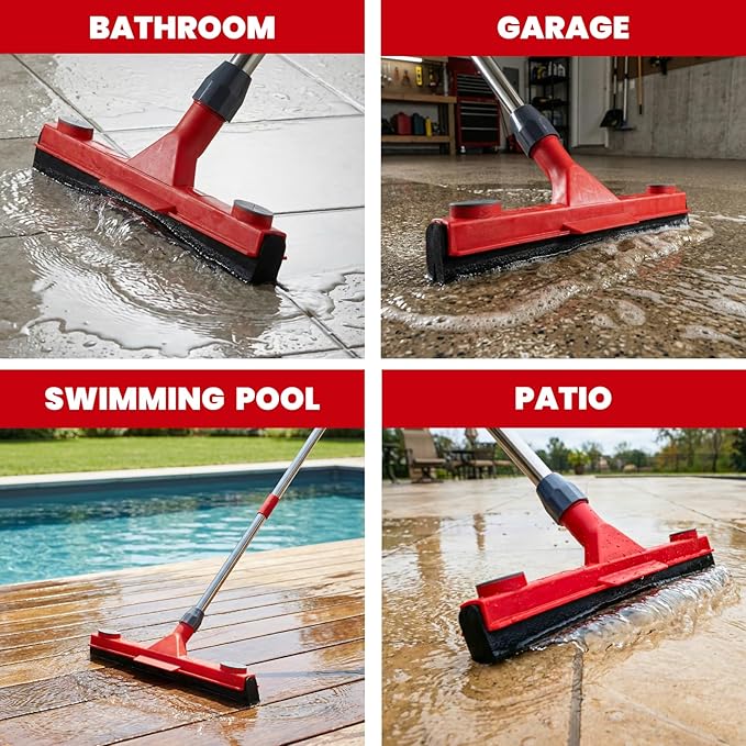 Floor Squeegee with 2 Replaceable Heads – 17'' EVA Foam Blade for Uneven Surfaces, 62'' Long Handle, Built-in Towel Clip, Non-Scratch Heavy Duty Squeegee Broom for Garage, Window, Tile, Patio & Shower