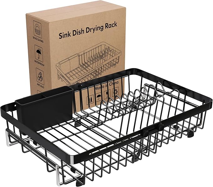 Small Expandable Over The Sink Dish Drying Rack Drainer In Stainless Steel Metal For Kitchen, Counter Space Saving Compact Above Plate Dryer Strainer, Adjustable Hanging Inside Sink Wire Drain Holder