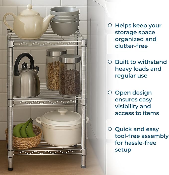 Honey-Can-Do 3 Tier Heavy-Duty Adjustable Shelves, Metal Storage Rack with 200-lb Shelf Capacity, Chrome, 15" W x 14" L x 30" H