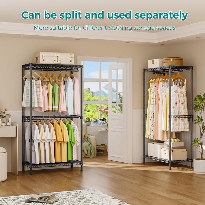SINGAYE Clothes Rack Portable Closet Coat Wardrobe Heavy Duty Clothing Racks System Organizers and Storage for Hanging Clothes Garment Rack Adjustable with Shelves 15.8" D*(77-88) W*76.5" H Black