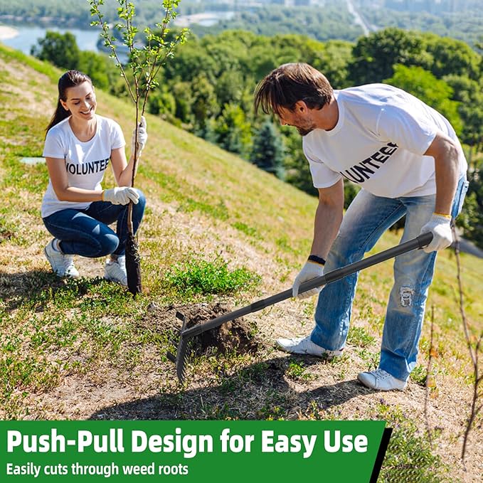 76.8" Garden Hoe and 12 Tines Rake 2-in-1 Garden Tool for Weeding, Garden Cultivator with Adjustable Long Handle Heavy Duty Weed Puller Stirrup Hoe for Ditching, Seeding, Loosening Soil