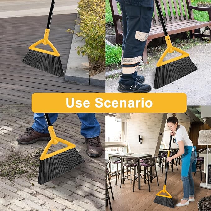 Heavy Duty Angle Broom 3 Pack - Yellow Broom for Outdoor & Indoor, Garage, Driveway, Sidewalk, Kitchen & More, Long Handle