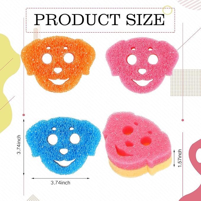 3 Pcs Dual Sided Scrub Sponge Multi Functional Cute Temperature Sensitive Non Scratch Dish Sponge for Washing Dishes Kitchen Bathroom(Dog,Pink, Orange, Blue)