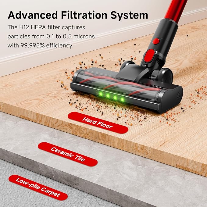 Clinkal Cordless Stick Vacuum Cleaner, 38Kpa Powerful Suction Vacuum Cleaner with LED Headlight, Detachable Battery, 8-in-1 Lightweight Handheld Vacuums for Pet Hair Carpet and Hardwood Floor, Red