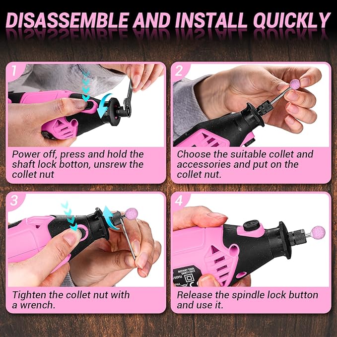 Rotary Tool Kit: DEKOPRO Power Hand Rotary Tools Mini for Wood/Metal, Electric Grinder Drill Machine Set with Flex Shaft for Carving, Cutting, Sanding, Grinding, Polishing, Engraving Pink