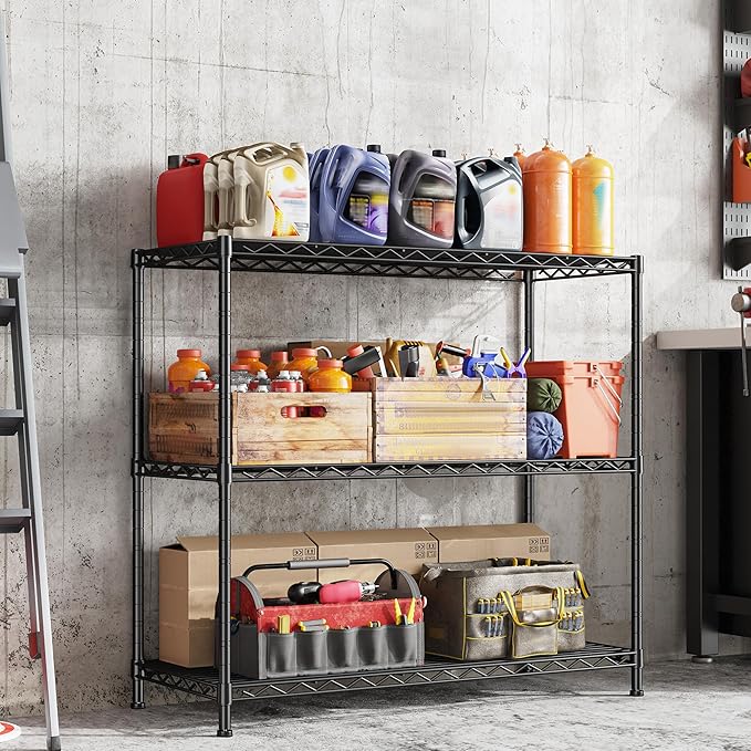 3- Shelf Metal Shelving Unit 35.6Wx14Dx36H,Adjustable Storage Shelves Heavy Duty Garage Steel Shelving for Office,Wire Rack Small Shelf for Kitchen Shelves Laundry Bathroom Pantry Closet Black,2pc