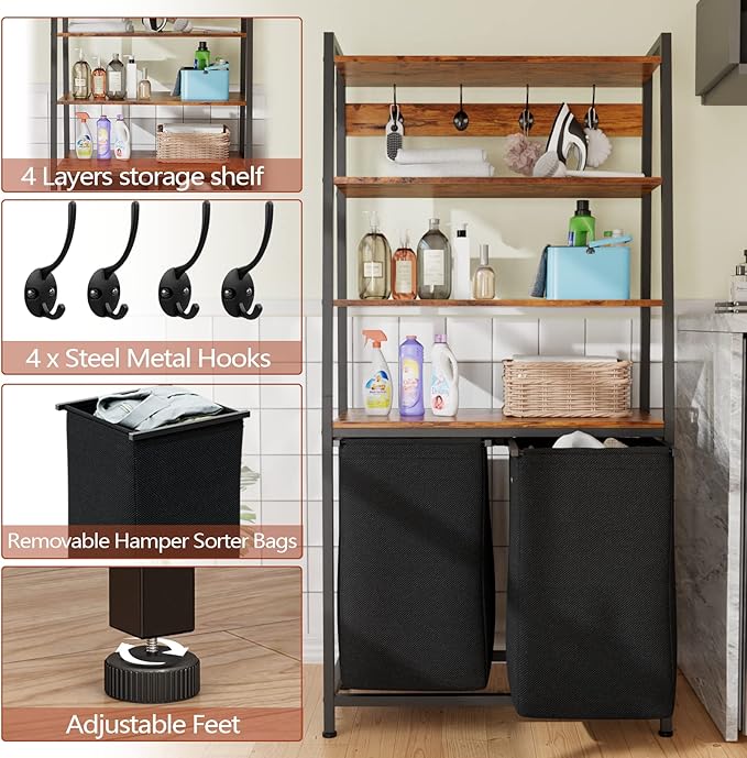 Furnulem 4 Tiers Laundry Hamper with Shelf and Hooks, Tall Laundry Basket Sorter with 2 Removable Bags, Double Clothes Hampers Organizers for Bathroom Bedroom